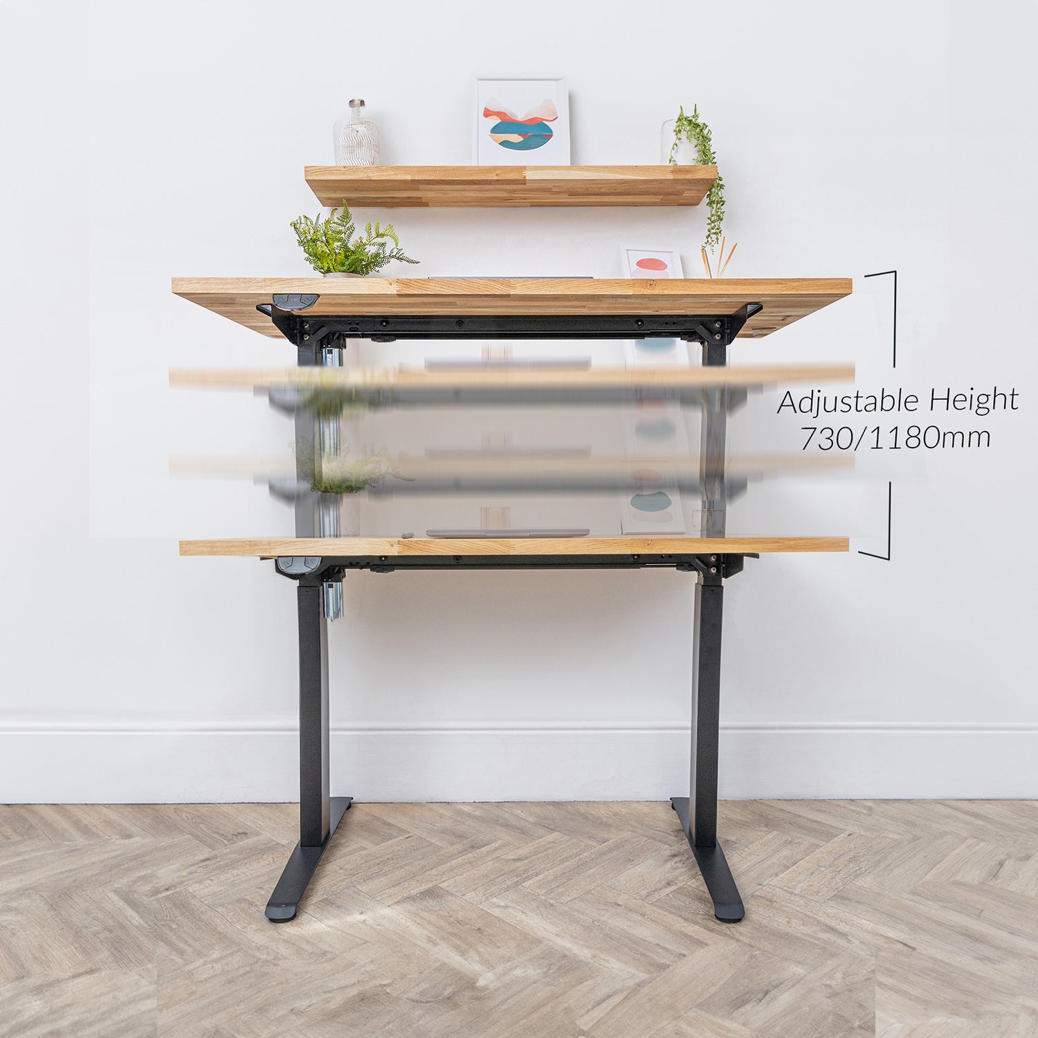 Black Metal Frame Sit Stand Desk with Oak Wooden Desktop