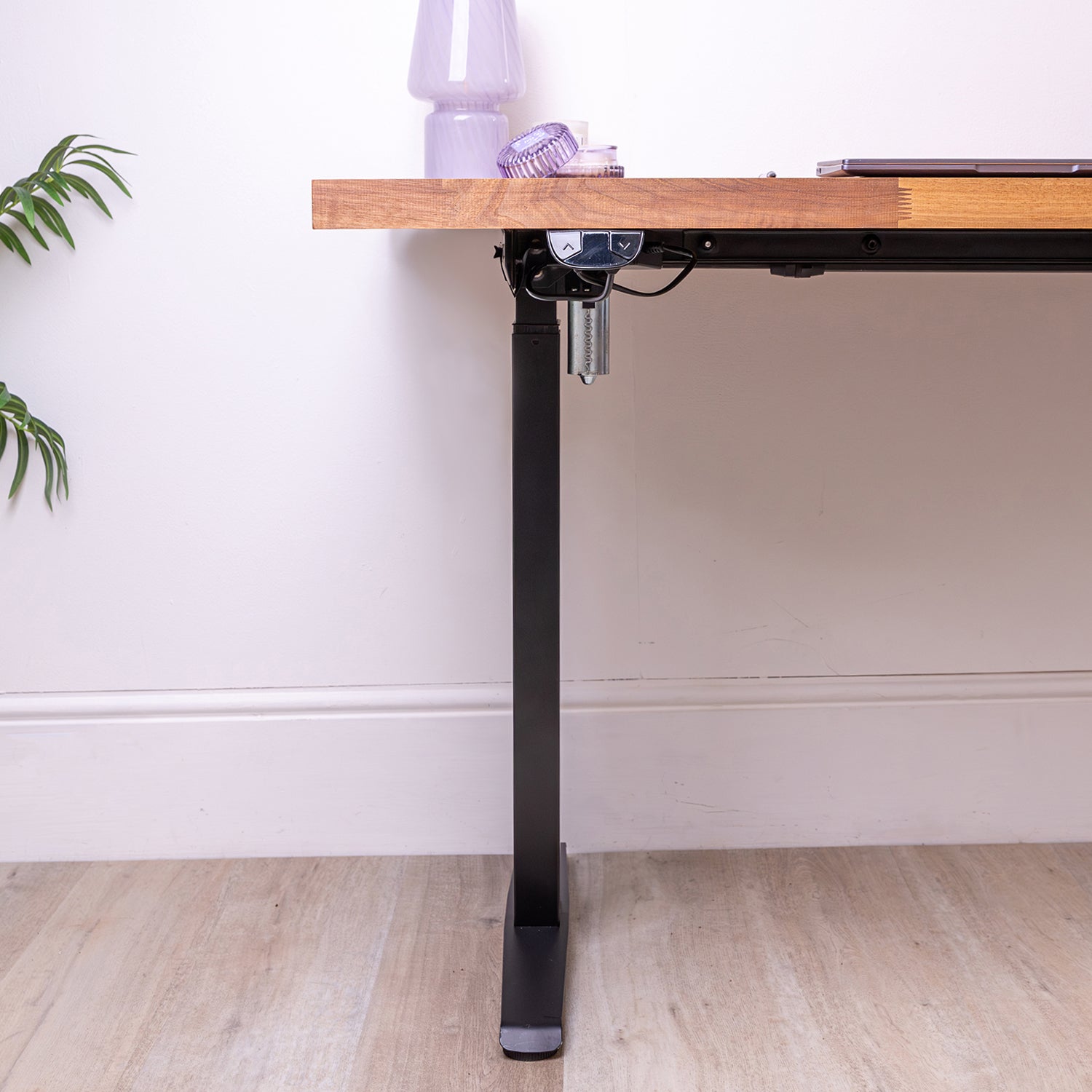 Black Metal Frame Sit Stand Desk with Walnut Wooden Desktop