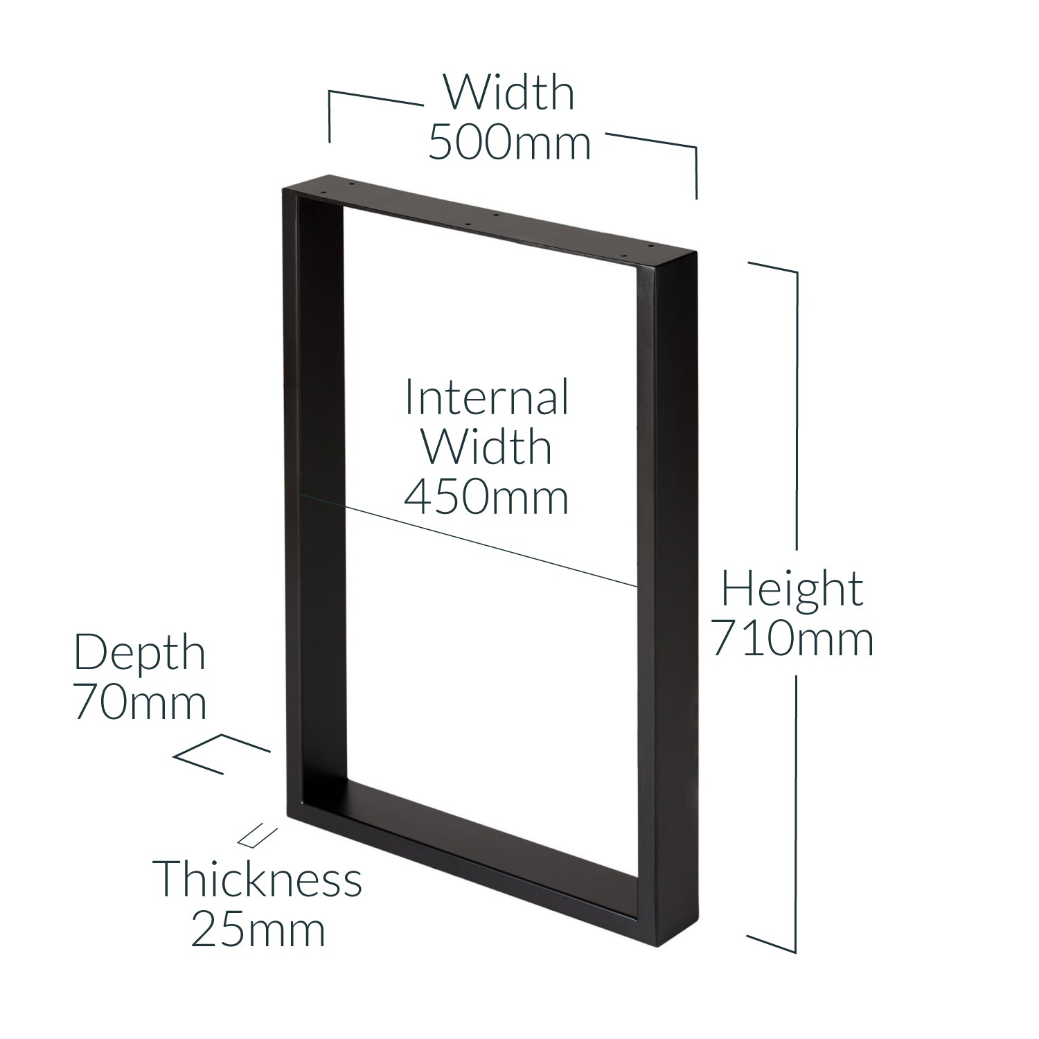 Black Square Legs 710mm high x 500mm wide - Dimensions