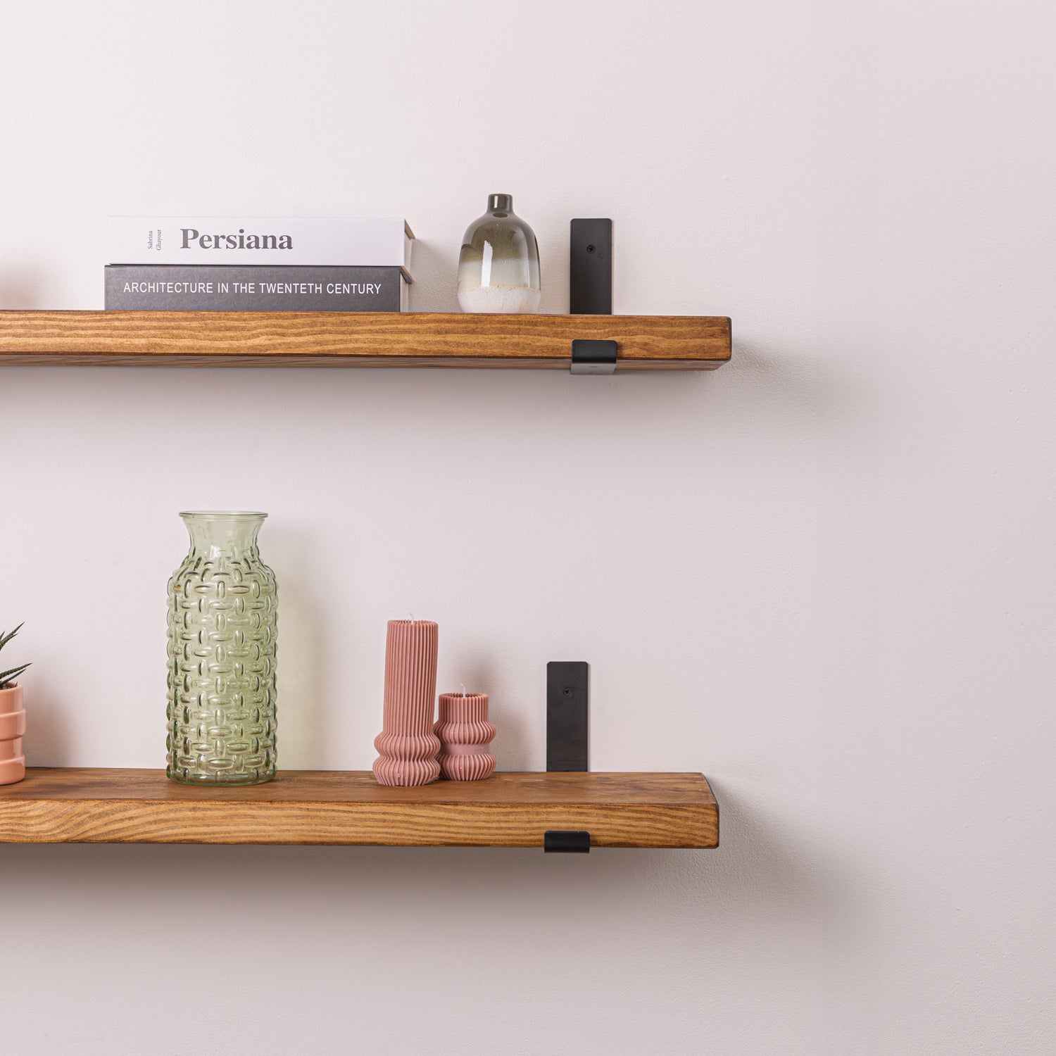 Dark Oak Wood Wall Shelf with Black Shelf Brackets