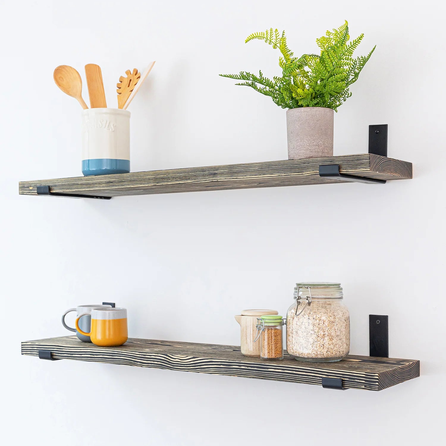 Dark Wood Shelf - 32mm thick with Black Up-Style Scaffolding Brackets