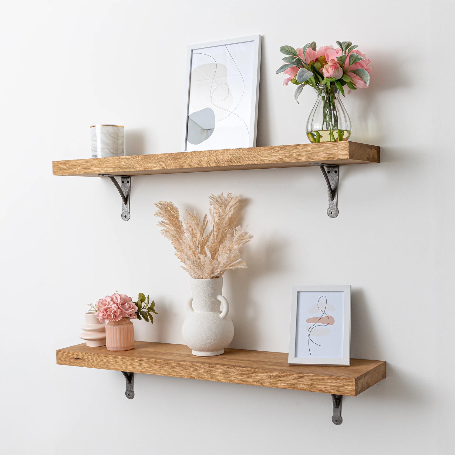 Full Stave Prime Oak Solid Wood Shelf - 40mm thick with Antique Iron Hand-Forged Gallows Shelf Brackets