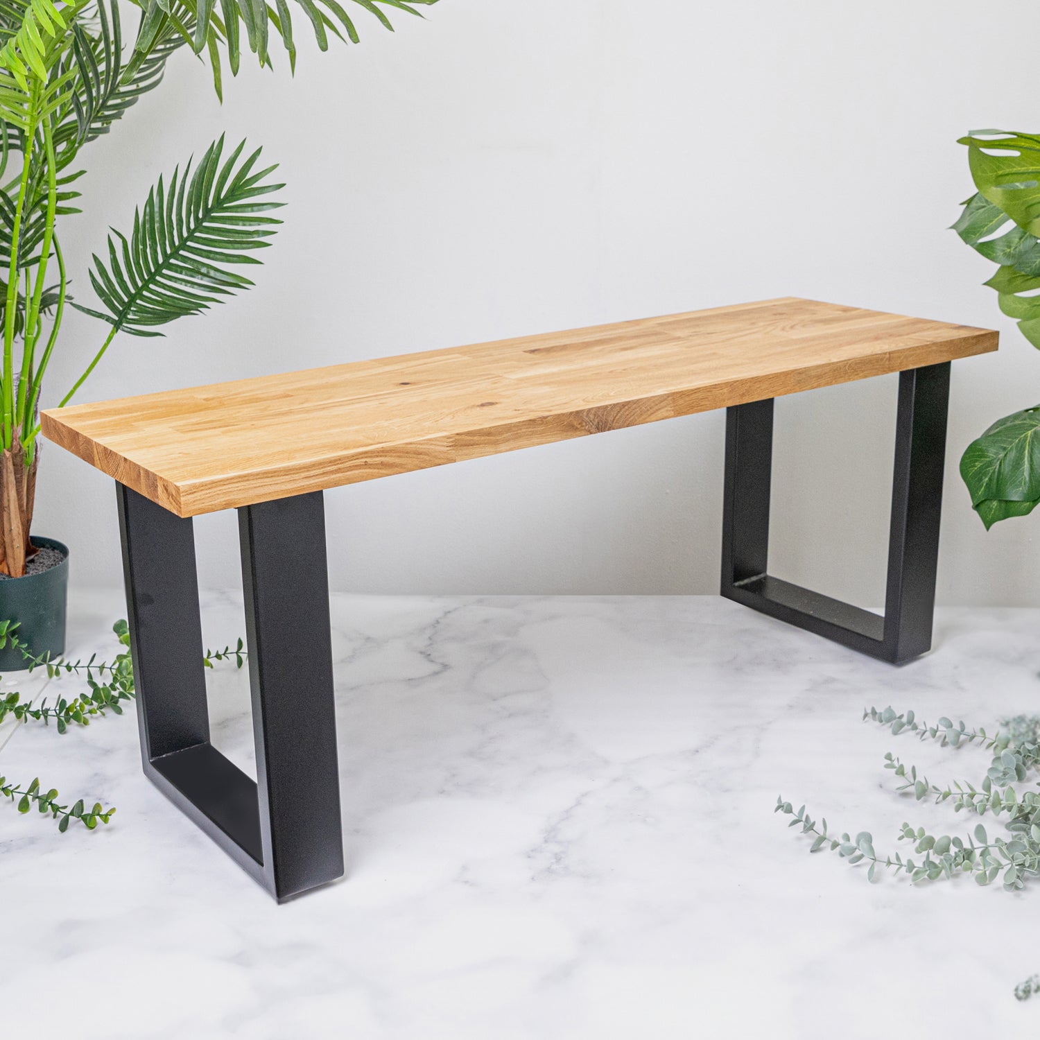 Oak Solid Wood Bench with Metal Legs 