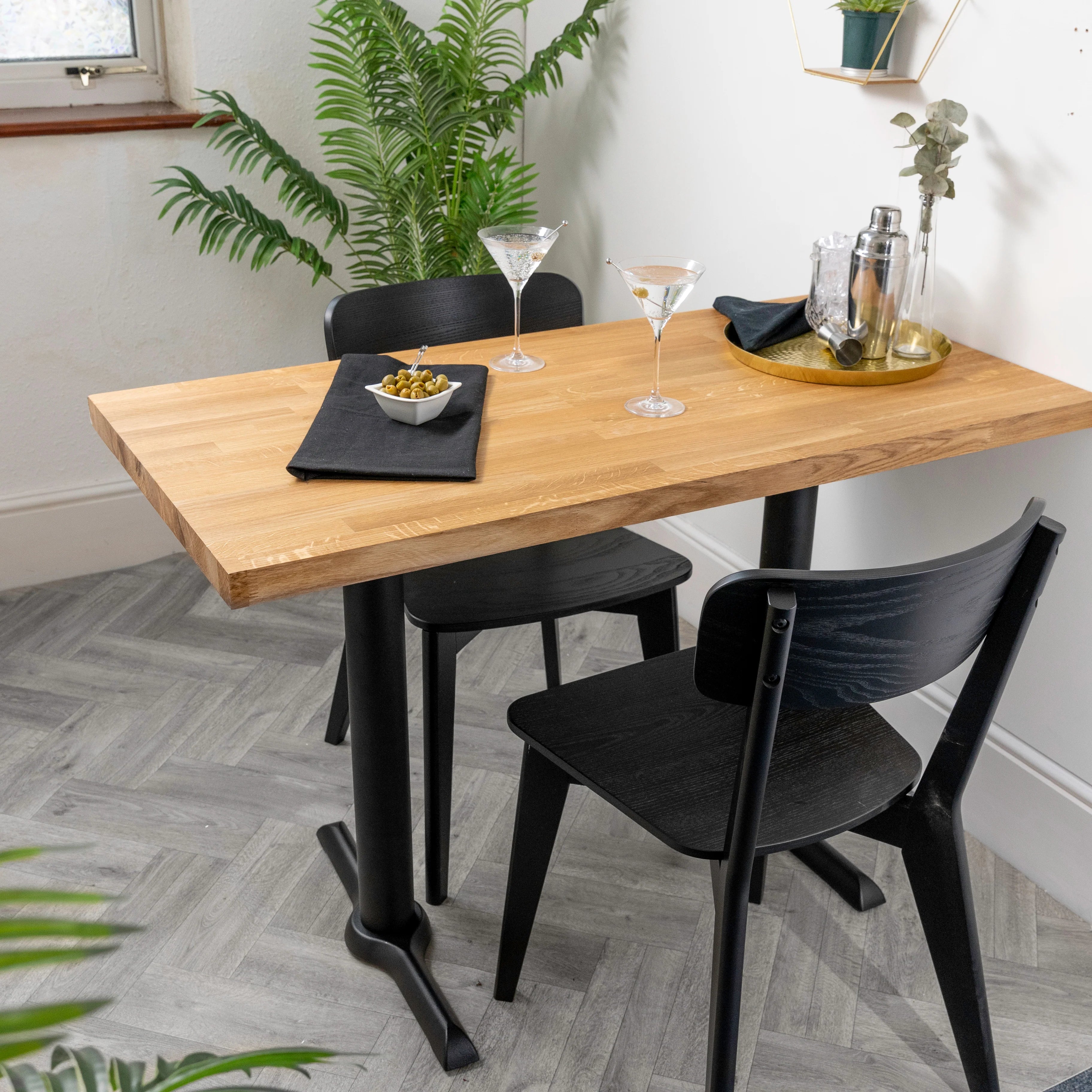 Oak Solid Wood Table with Black Twin Pedestal Cast Iron Table Base