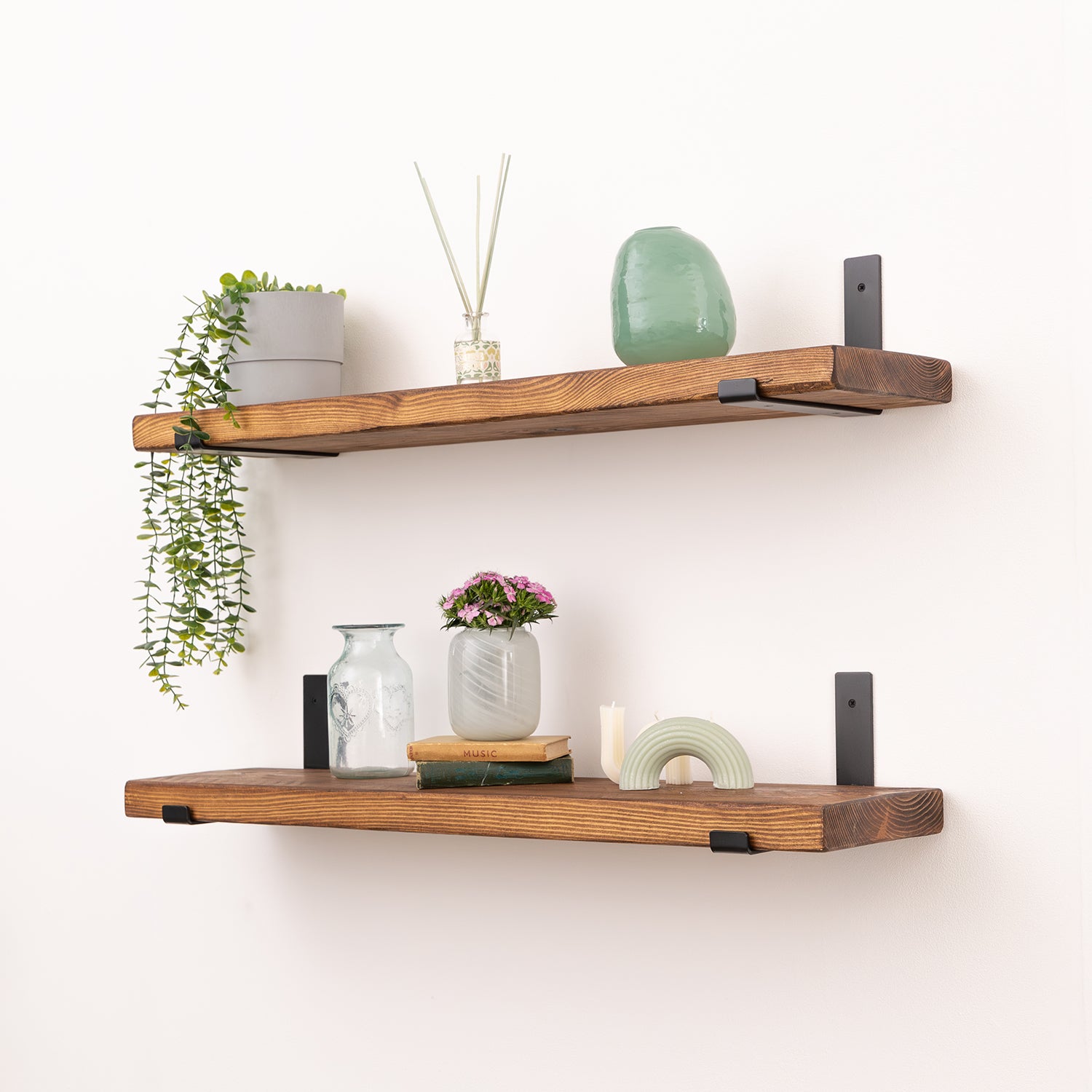 Pine Rustic Shelf - Tudor Oak with Black Up-Style Scaffolding Brackets