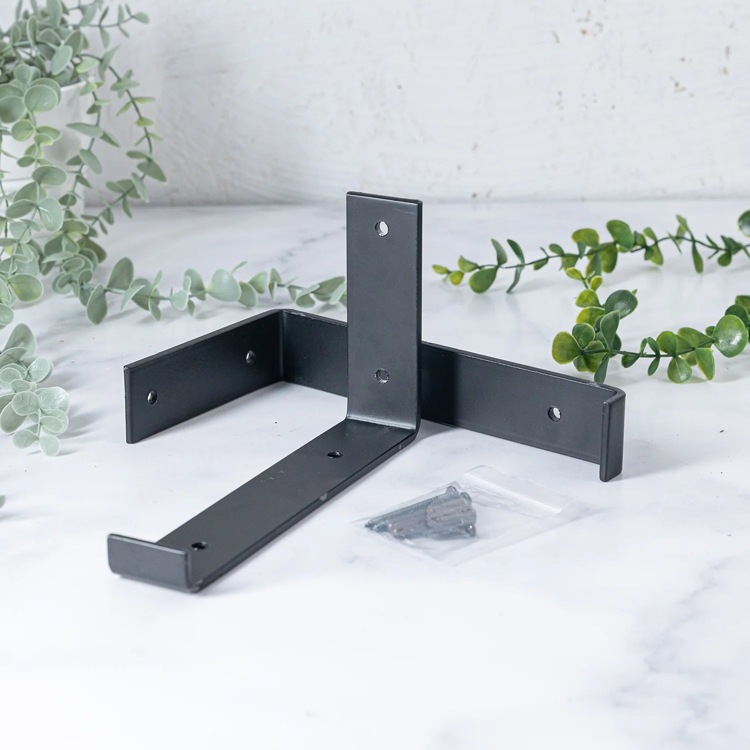 Pine Wall Shelves, Black with Powder Coated Cast Iron Brackets