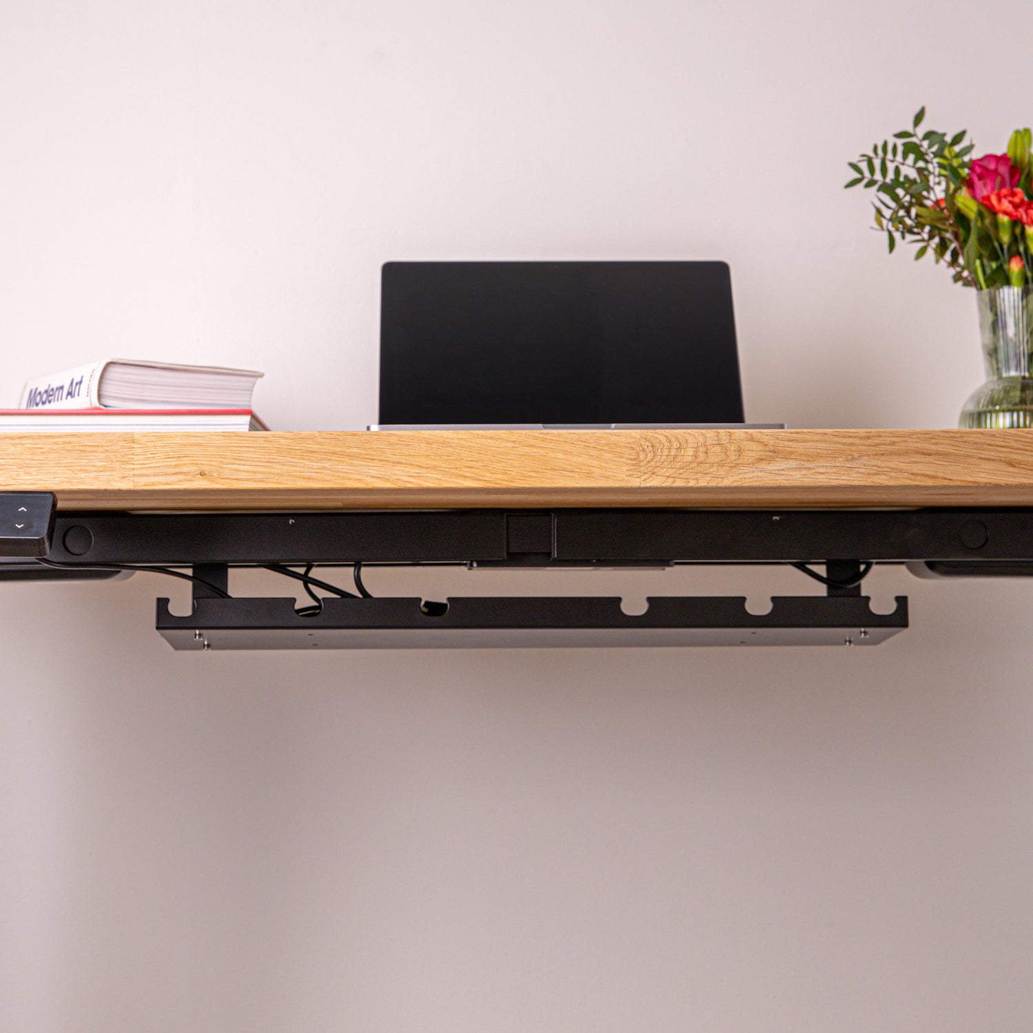 Premium Black Sit Stand Electric Desk with Oak Wooden Desktop