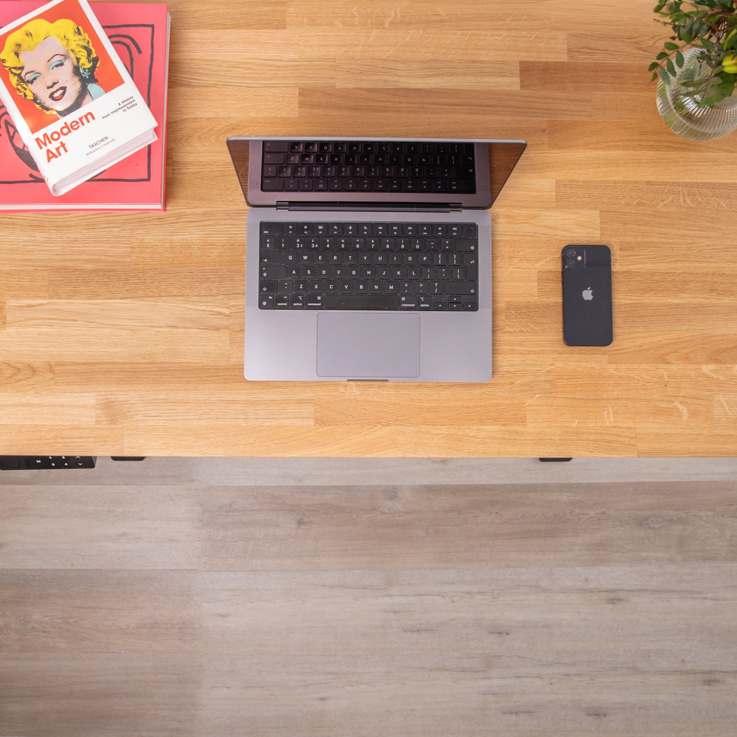 Premium Dual Motor Black Standing Desk with Prime Oak Solid Wood Rounded Desktop