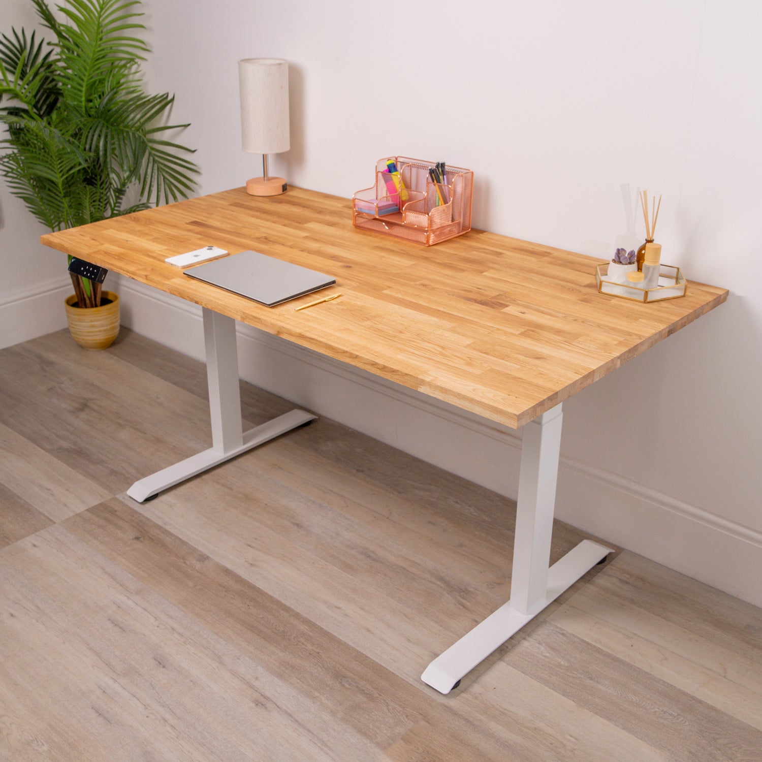 Premium White Sit Stand Electric Desk with Oak Wooden Desktop