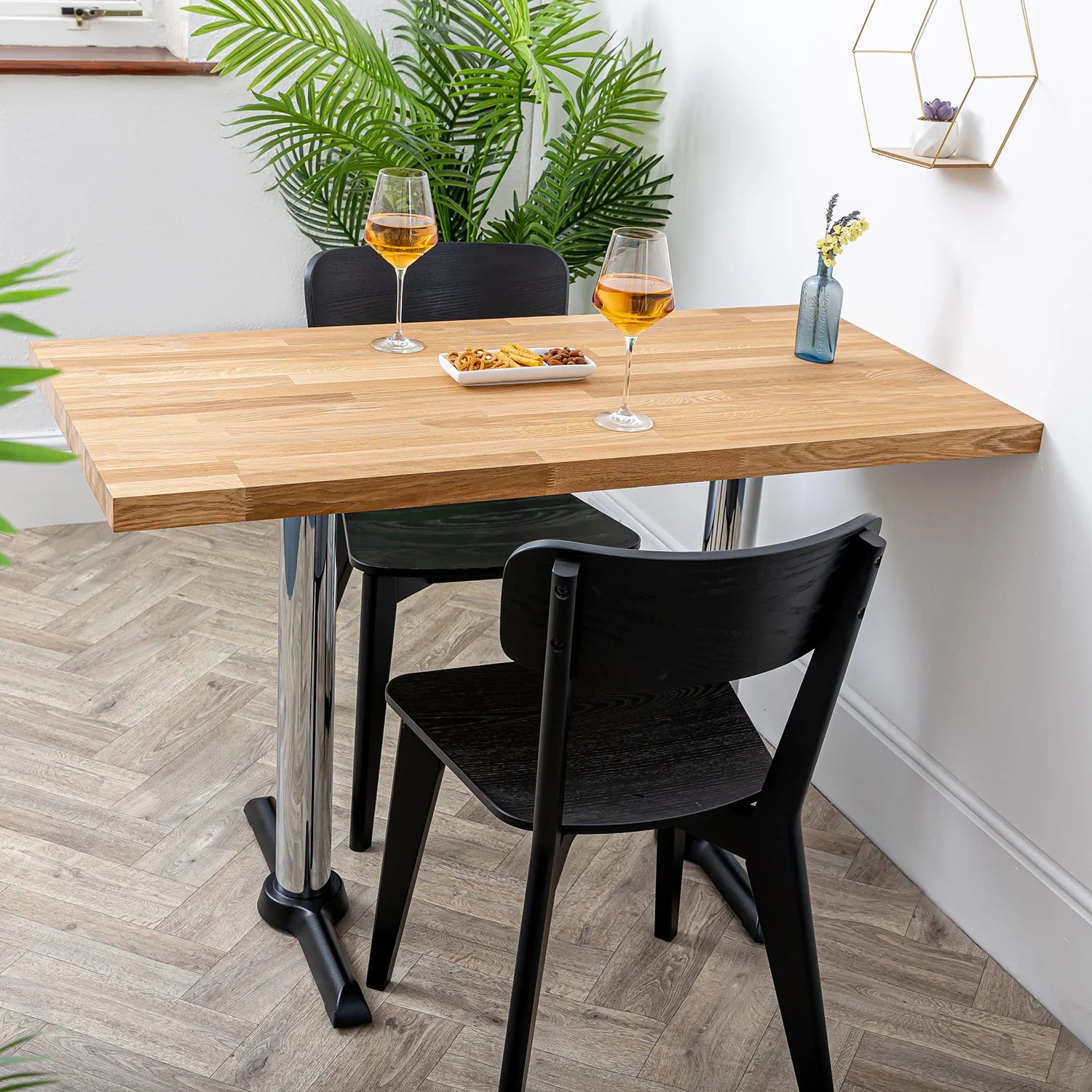 Prime Oak Solid Wood Table with Chrome Twin Pedestal Table Base