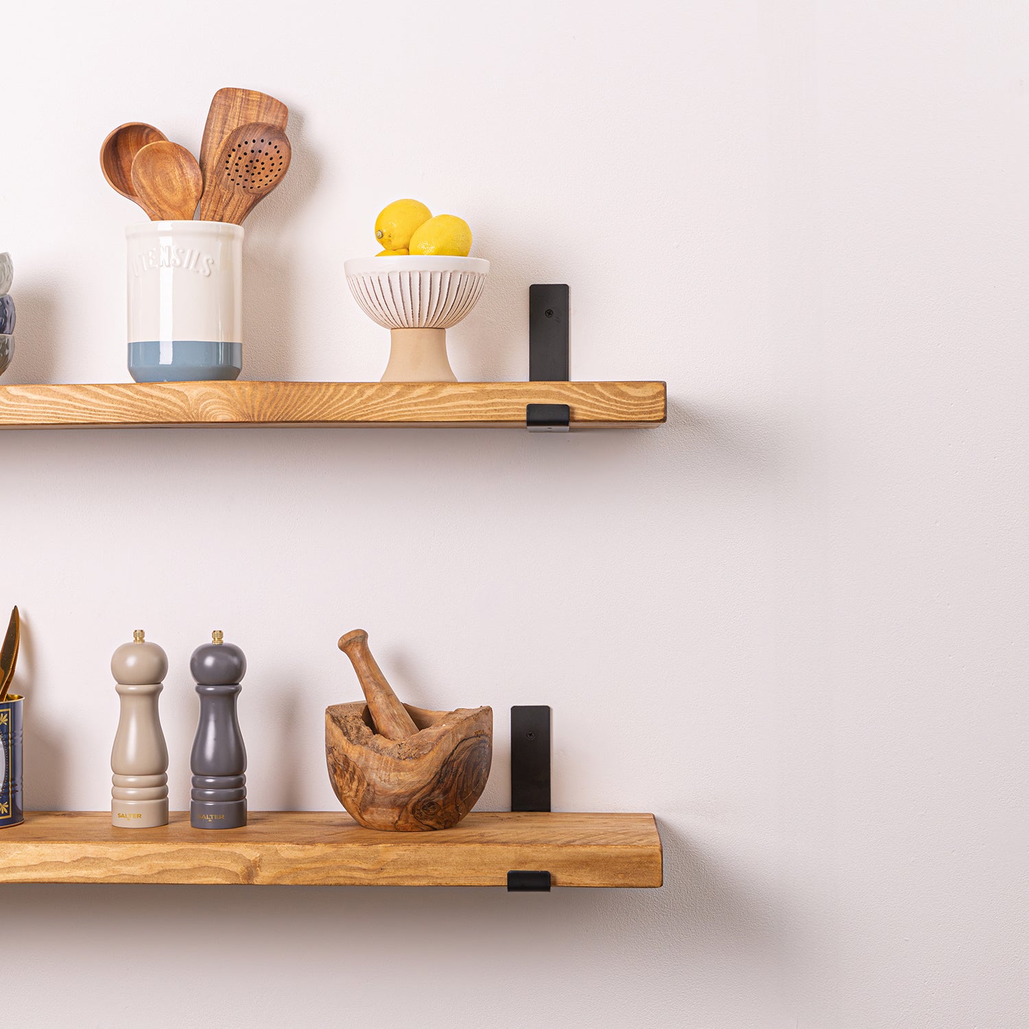 Rustic Pine Wall Shelf with Black Shelf Brackets