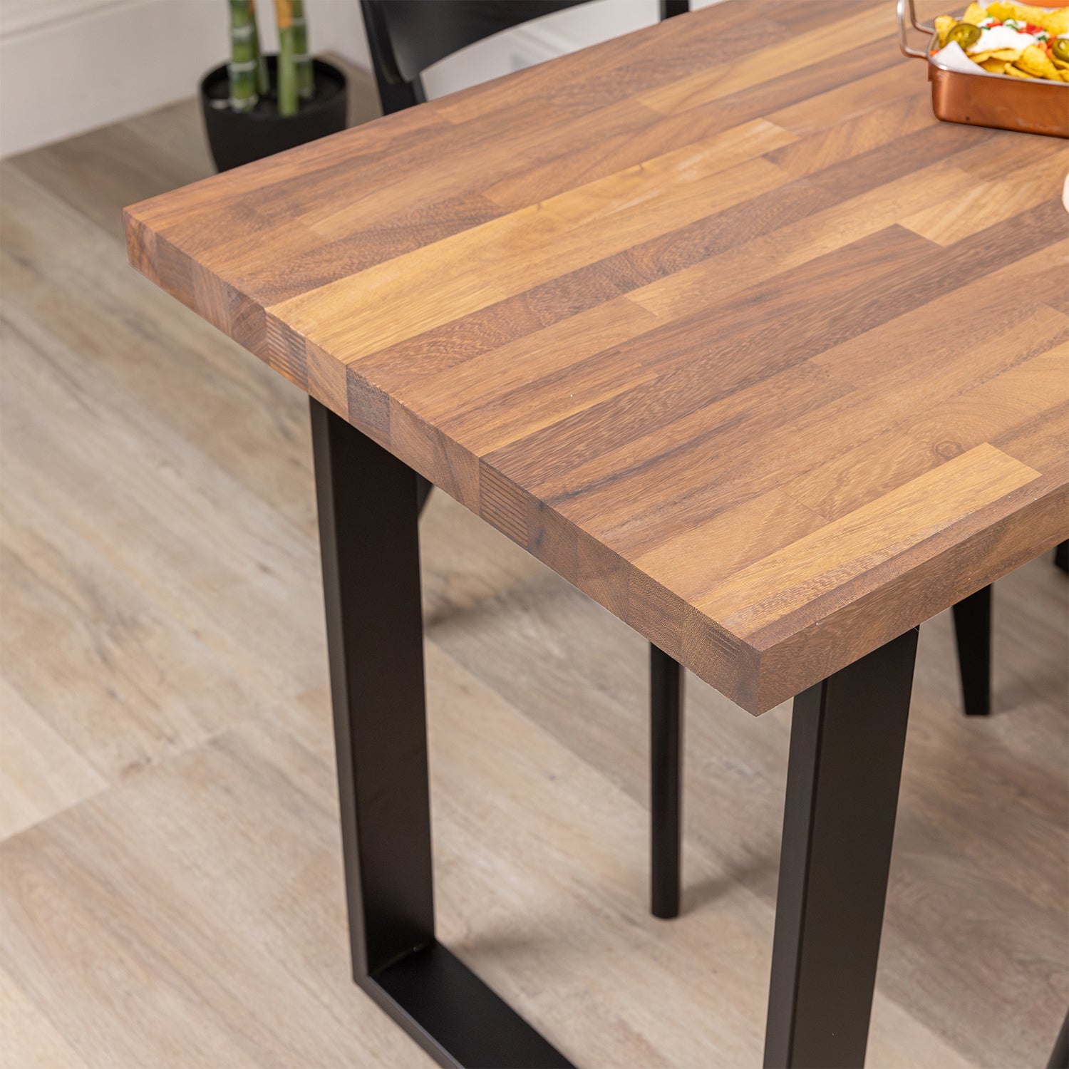 Solid Iroko Table with Square Metal Legs Sanded