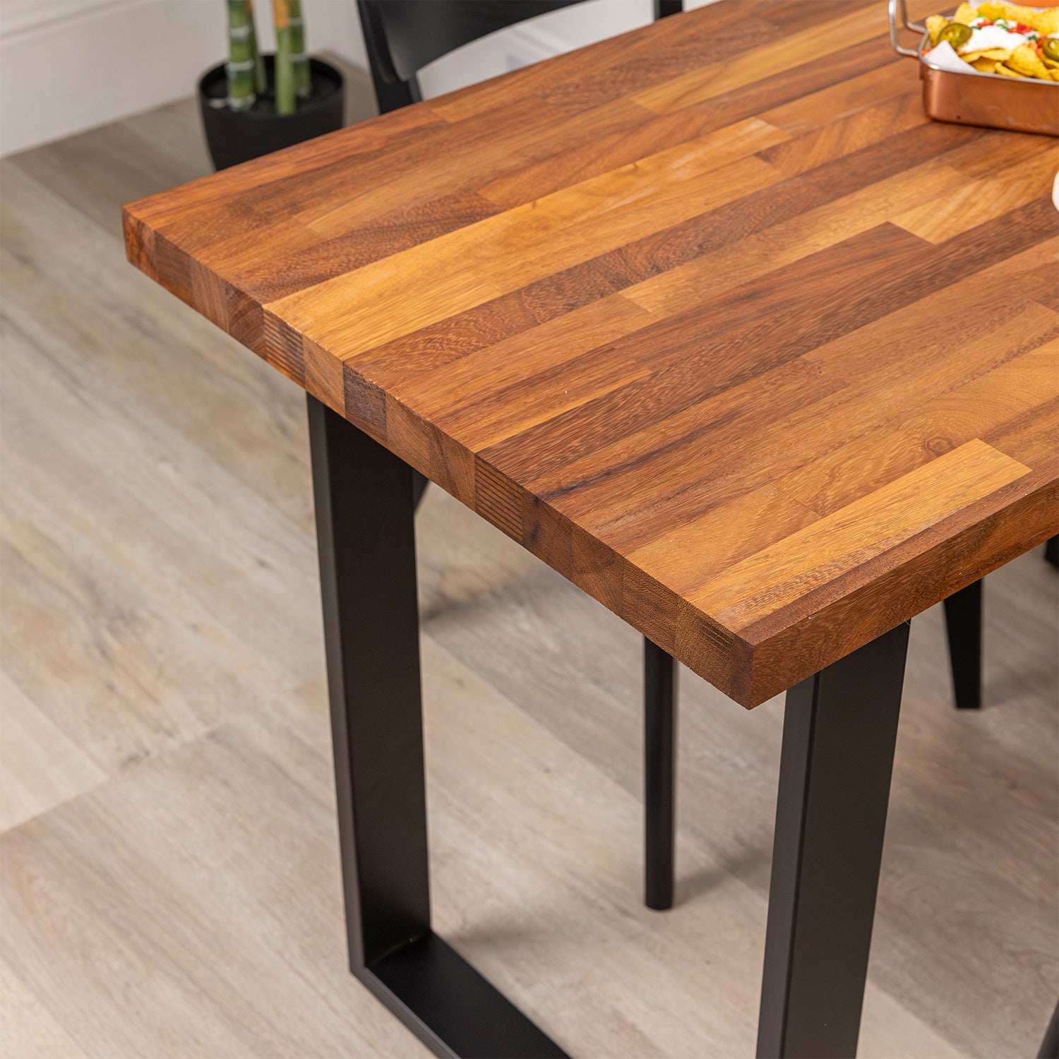 Solid Iroko Table with Square Metal Legs