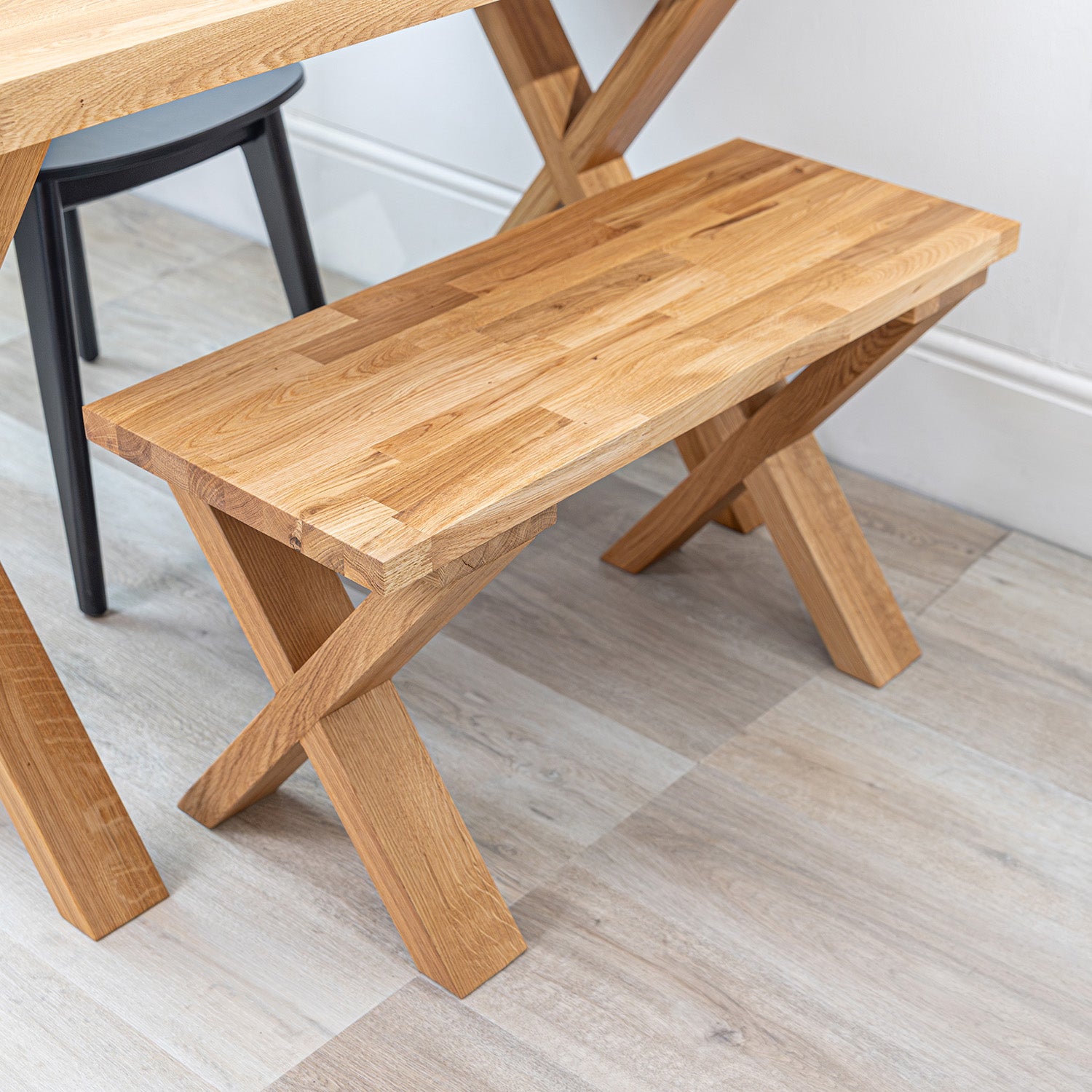 Solid Oak Dining Bench with Wooden X Benchtop Legs