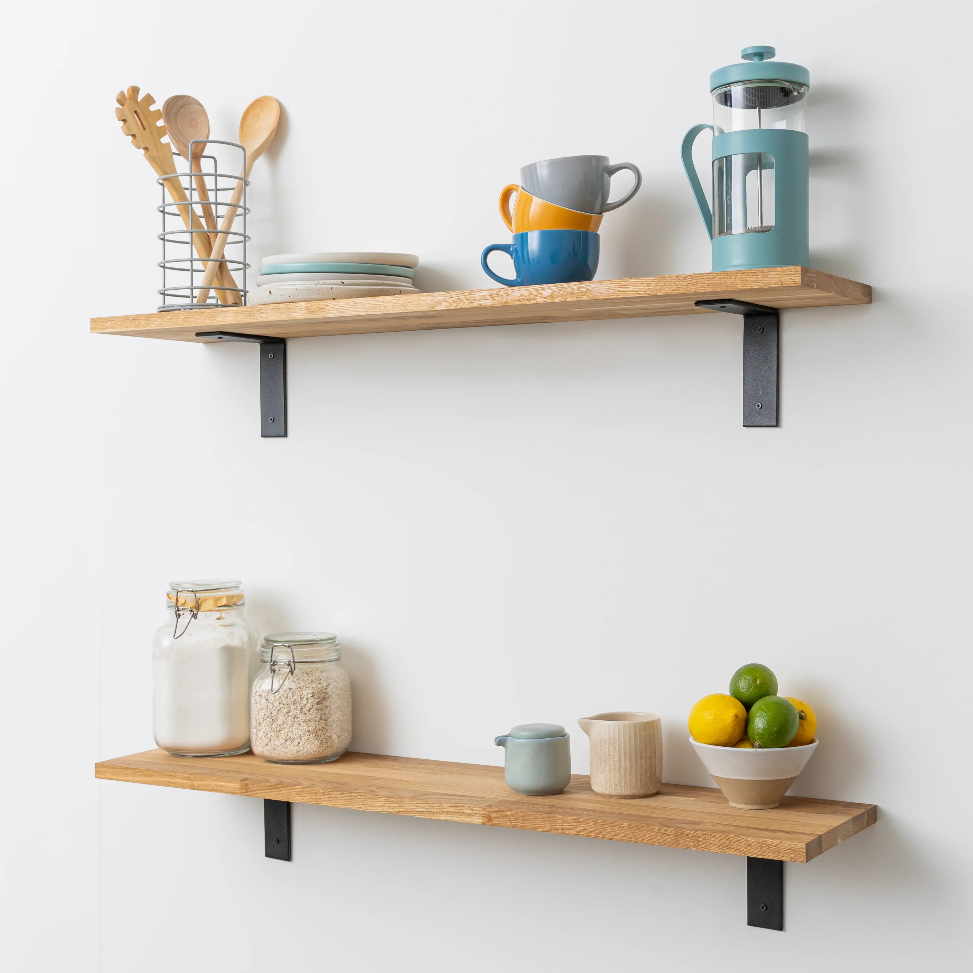 Solid Oak Wall Shelf - 18mm thick with Black Flat-Style Scaffolding Brackets