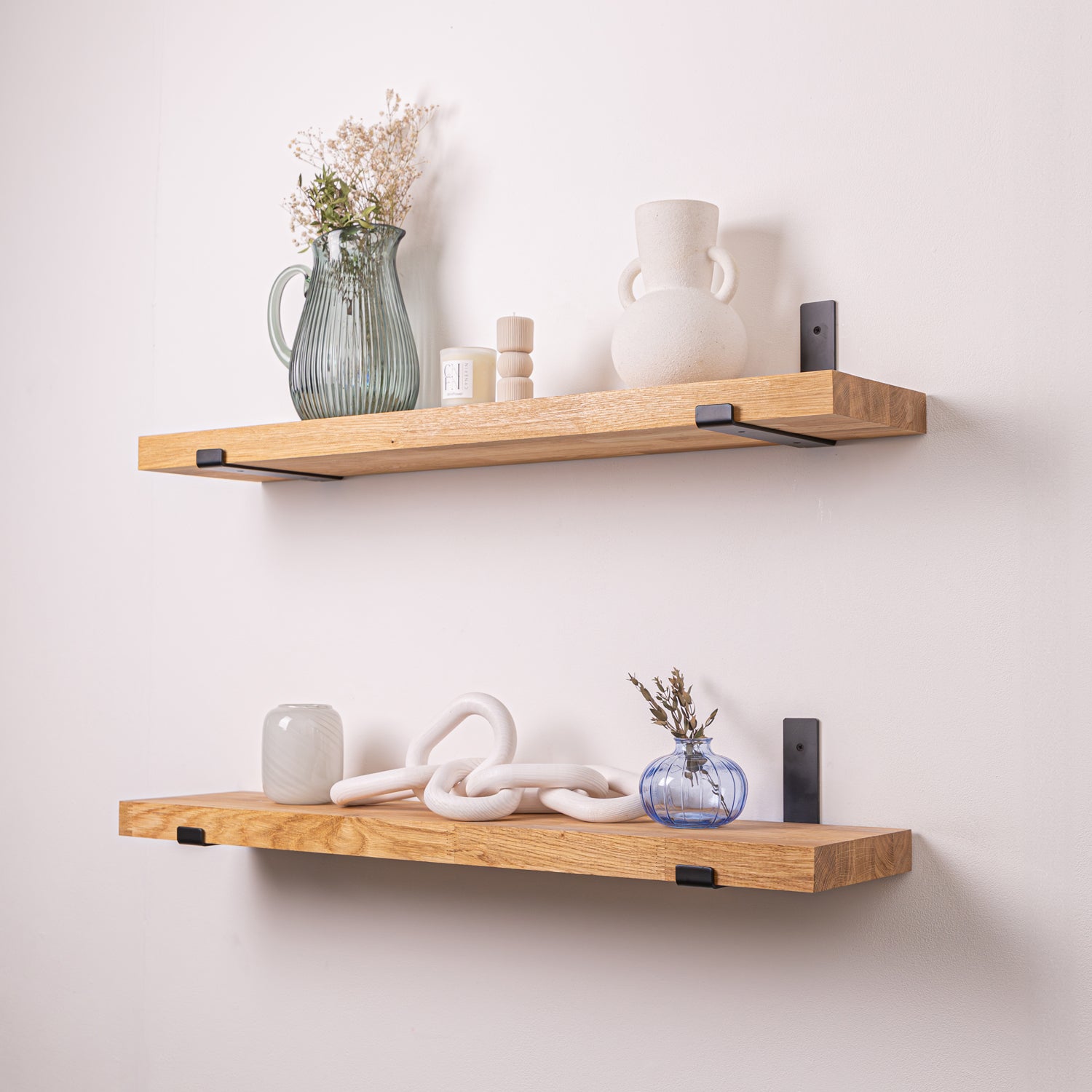 Solid Oak Wall Shelf - 40mm thick with Black Up-Style Scaffolding Brackets