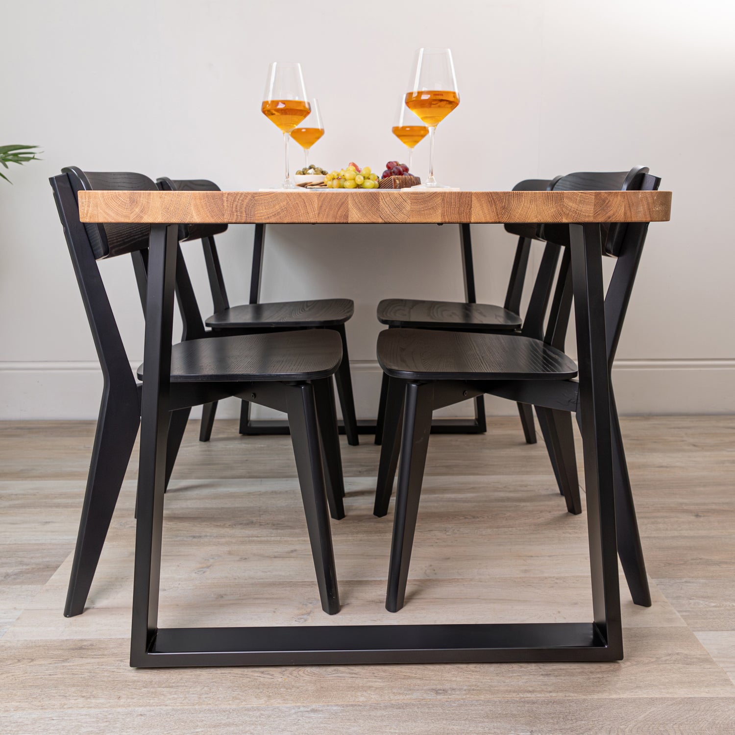 Solid Prime Oak Table with Trapezoid Metal Legs