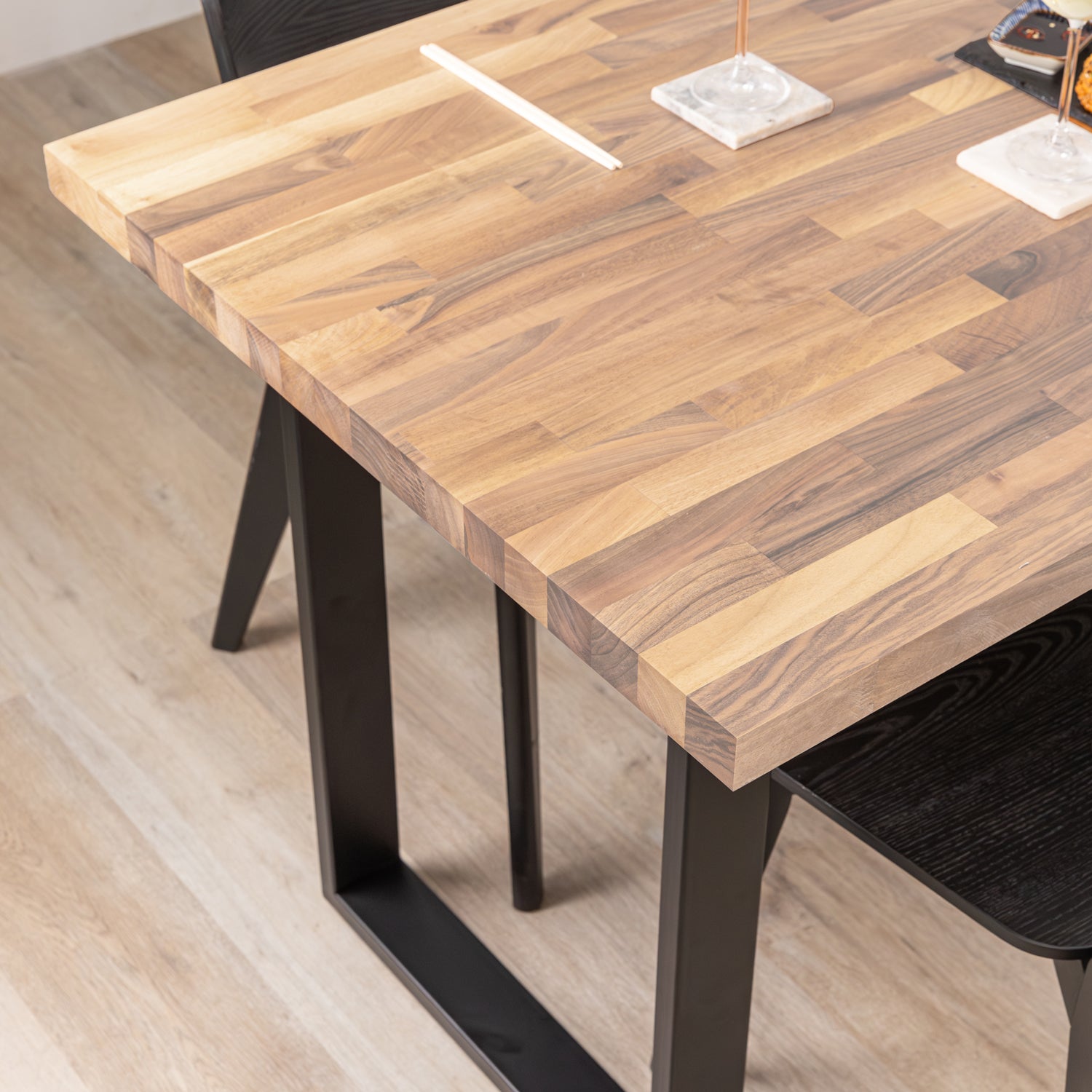 Solid Walnut Table with Square Metal Legs Sanded