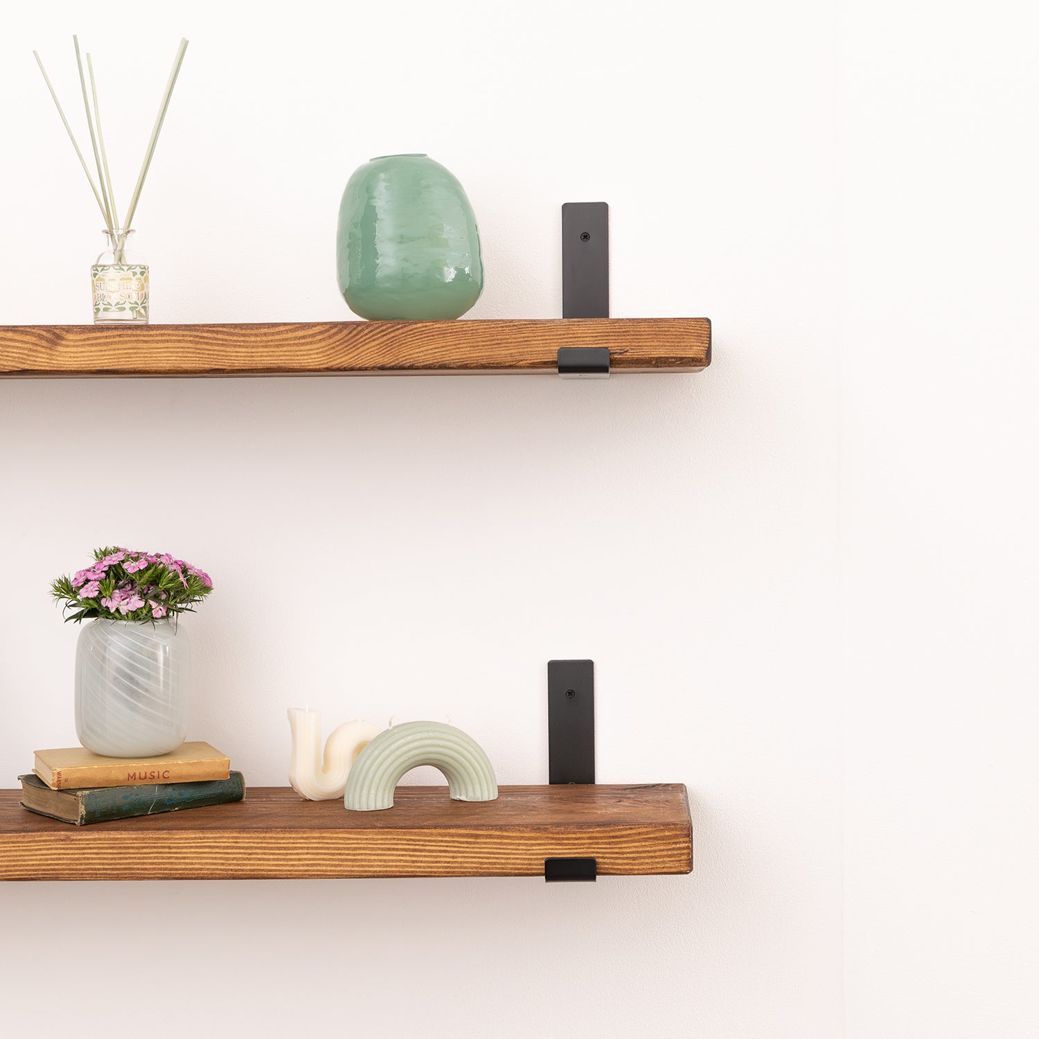 Tudor Oak Wood Wall Shelf with Black Shelf Brackets